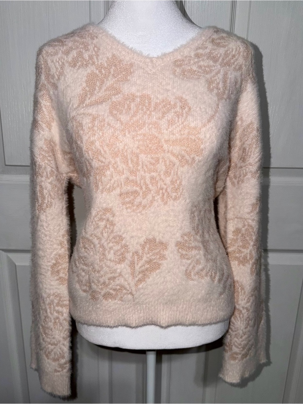Joie Fuzzy Floral Jacquard V-Neck Sweater Shimmer Metallic Flared Sleeve